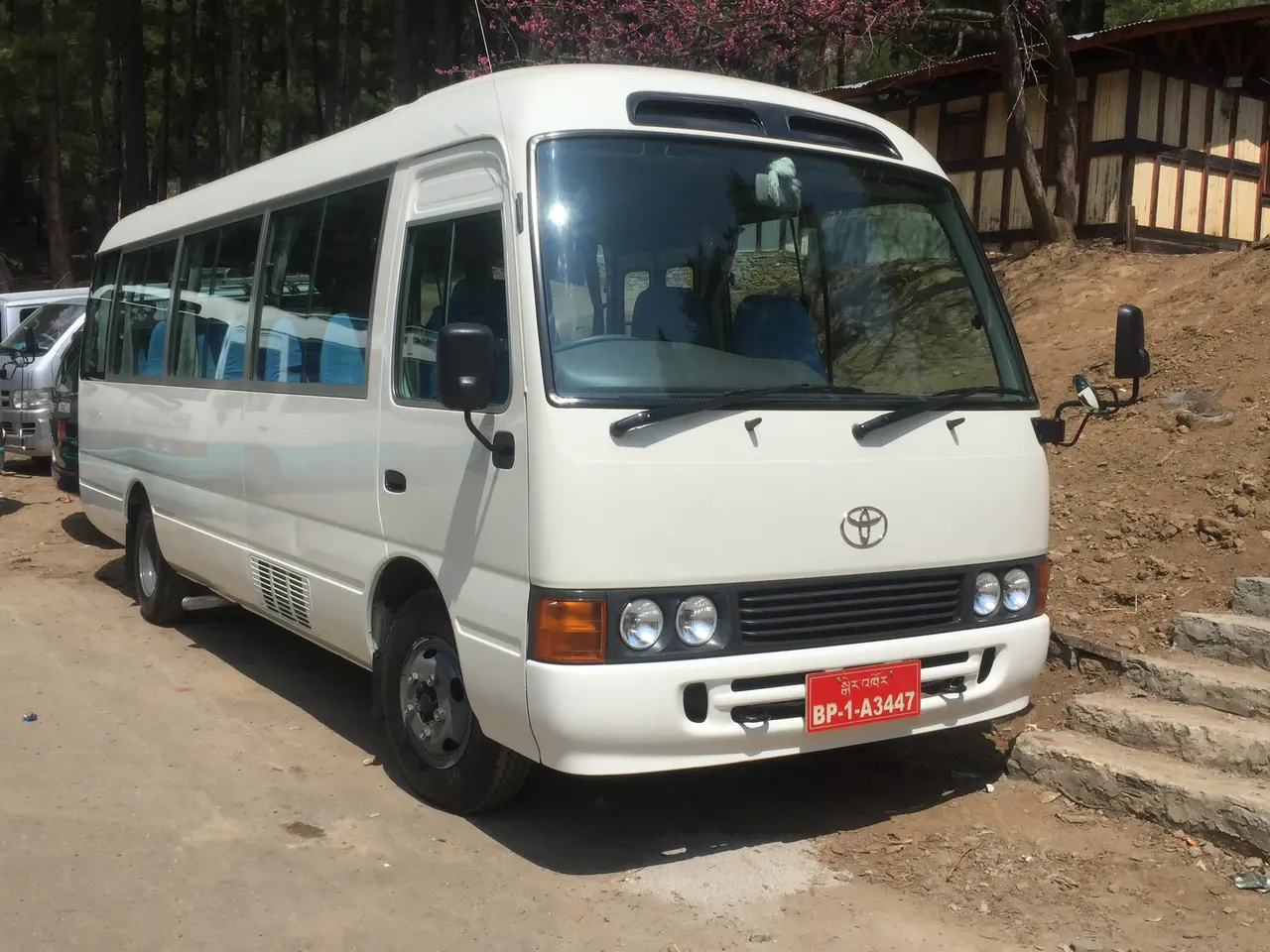Reference photo of a Toyota Coaster; demonstration only, not a Pearl Ride vehicle