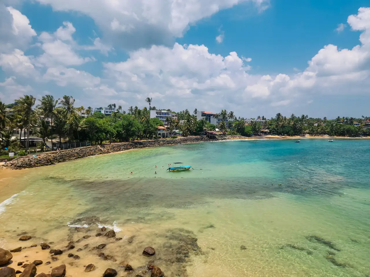 The turquoise bay and palm-lined coastline at Mirissa, Sri Lanka